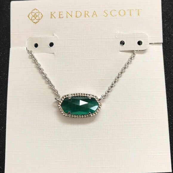 New Kendra Scott Elisa Silver Short Pendant Necklace in Green Cat's Eye Stone - Picture 1 of 2